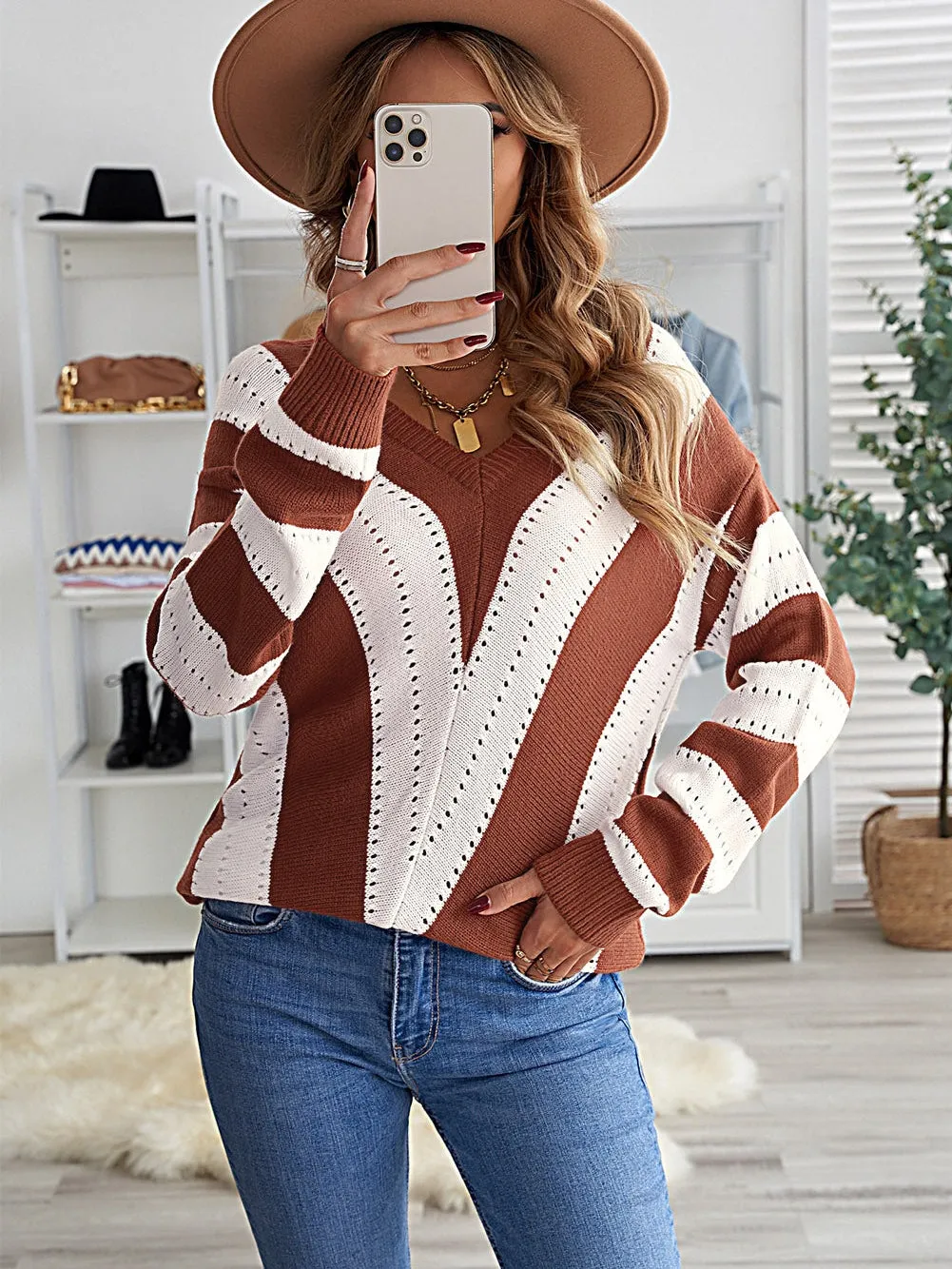 Brown and Beige Striped V Neck Colorblock Knit Pullover
