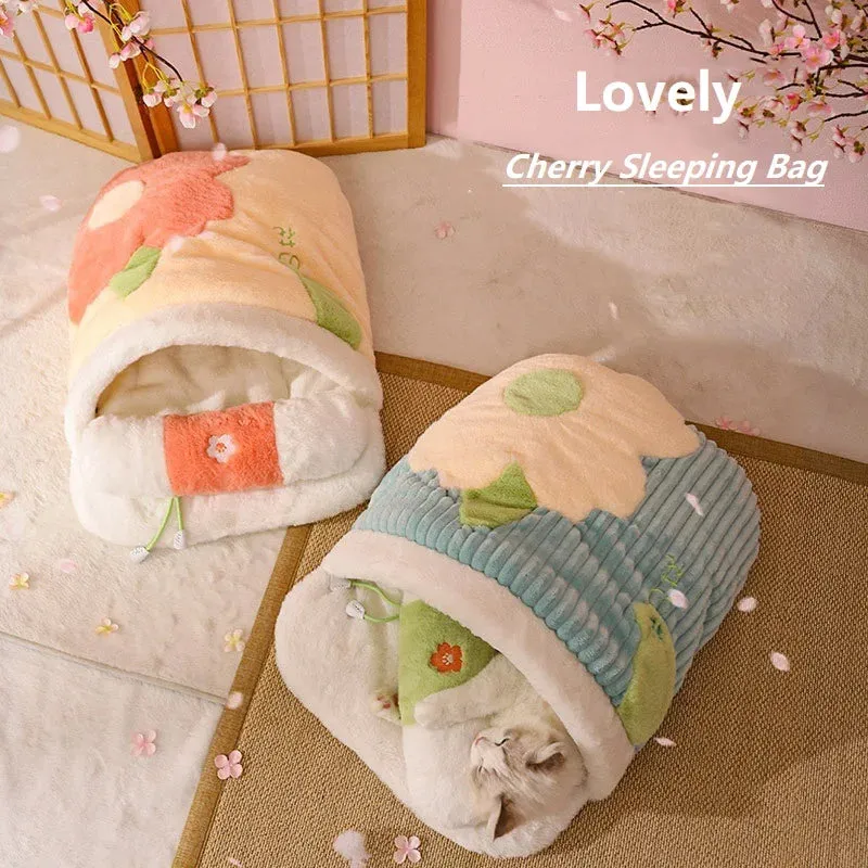Japanese Sakura Warm Cat Bed - Cat Sleeping Bag - Deep Sleep Winter Dog House - Cat's Nest Cushion with Pillow - Removable Pet Products
