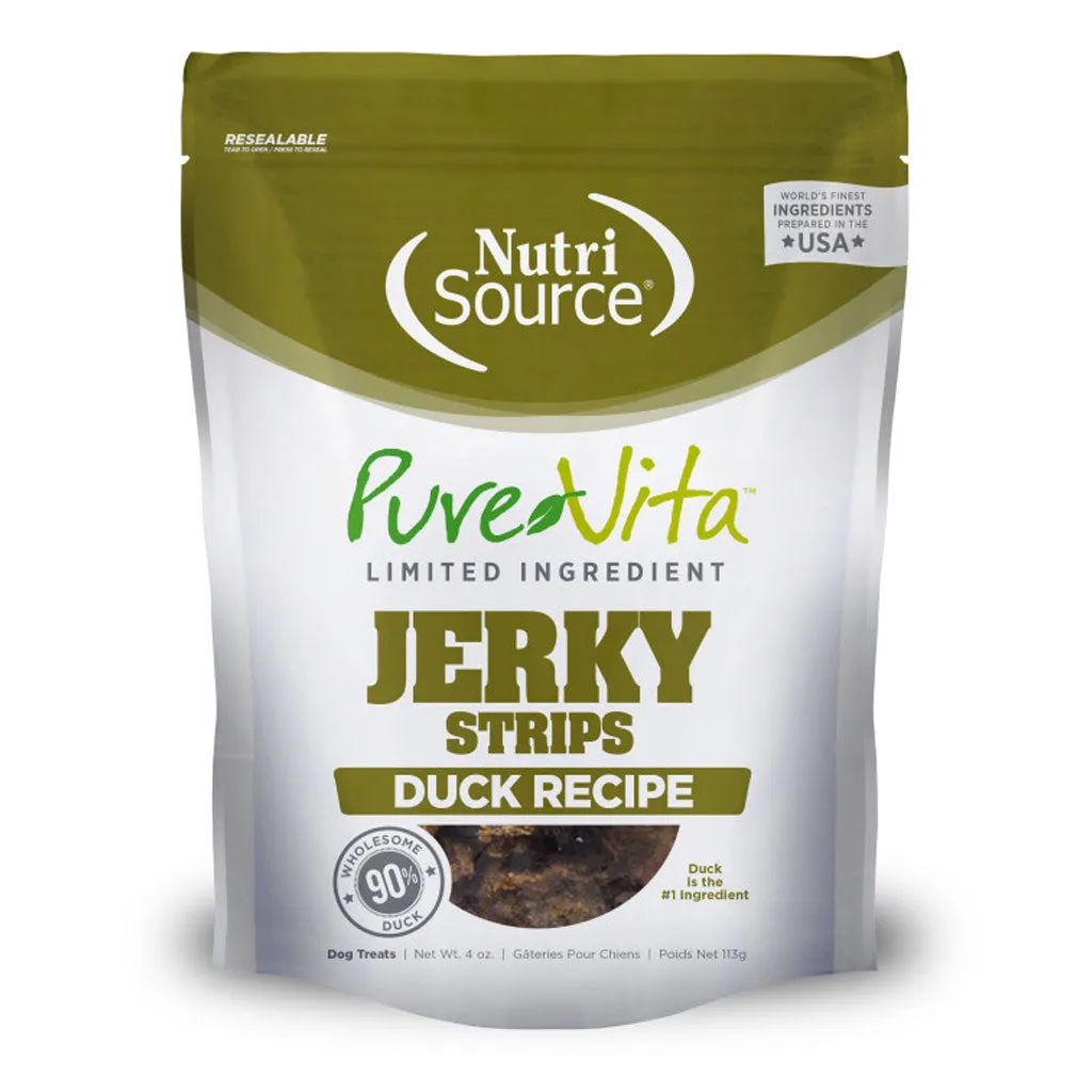 NutriSource PureVita LID Jerky Strips Duck Recipe Dog Treats, 4-oz
