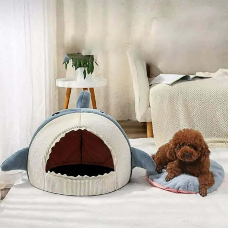 PetGains PGY Soft Plush Cushion Shark Shape Cave Bed (Blue – Medium)