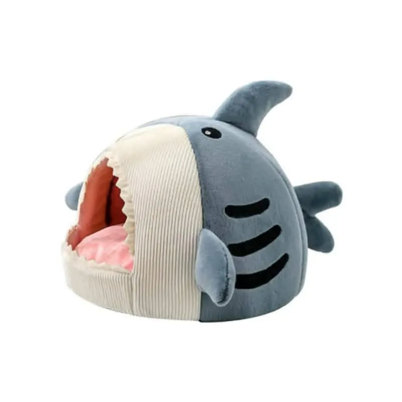 PetGains PGY Soft Plush Cushion Shark Shape Cave Bed (Blue – Medium)